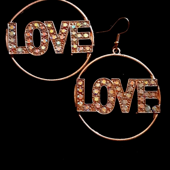 "LOVE in a circle" Irridescent Rhinestone Crystal Earrings - Goldtone - Picture 3 of 3